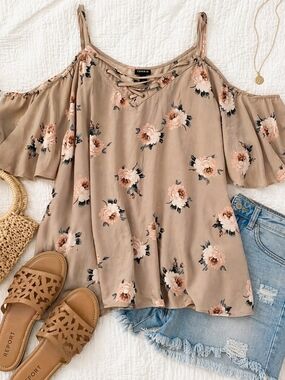 Torrid Beige Floral Cold-Shoulder Blouse
